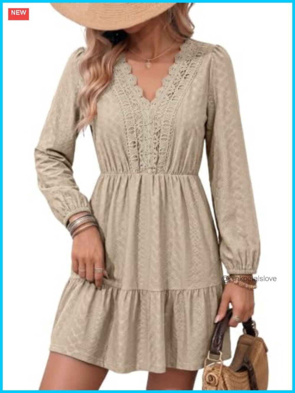 Lace Hollow Out Embroidered V Neck Long Sleeve Mini Dress
